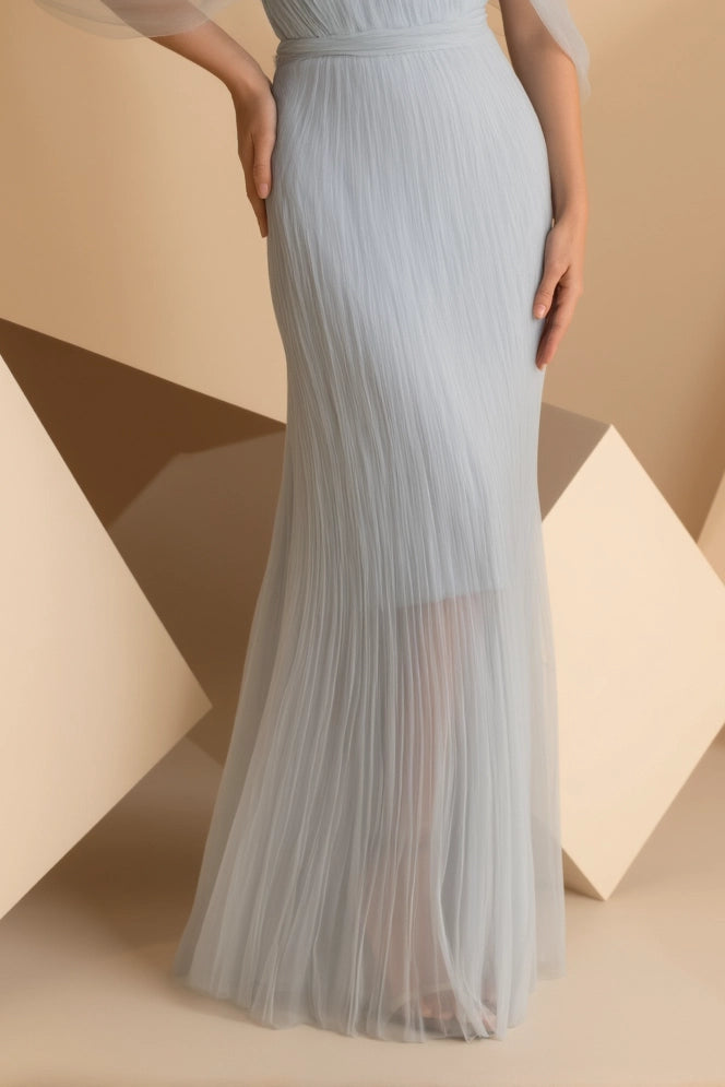 Simple beautiful generous and full of charm Prom Dress Wedding Guest Party Dress Light Blue Mesh Off Shoulder Floor Dress