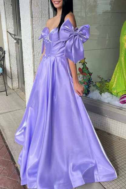 Cute A Line Off the Shoulder Hot Pink Satin Prom Dress with Bow