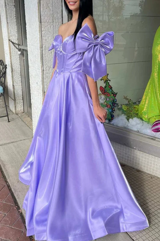 Cute A Line Off the Shoulder Hot Pink Satin Prom Dress with Bow