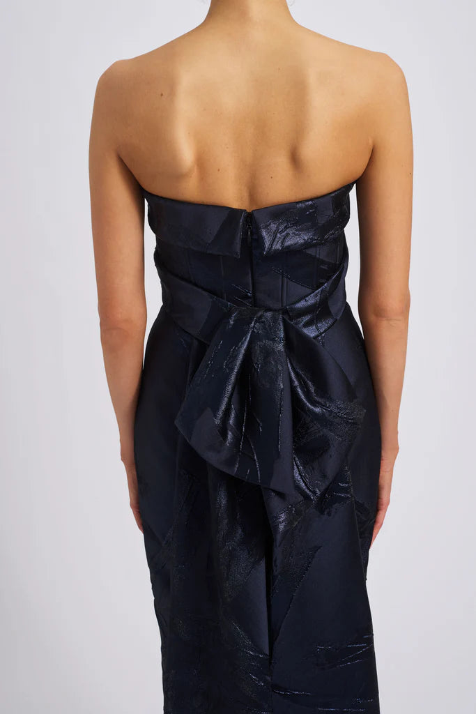 Brush stroke metallic jacquard sculpted bias band column dress spheric beautiful and unique desig