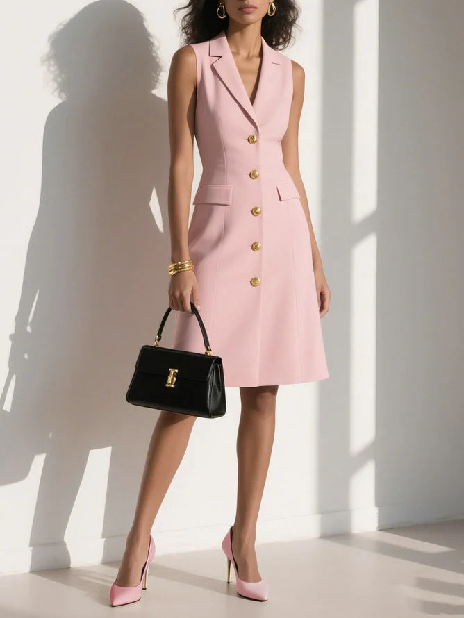 Simple beautiful generous and full of charm Pink Shawl Collar Sleeveless A-Line Midi Blazer Dress