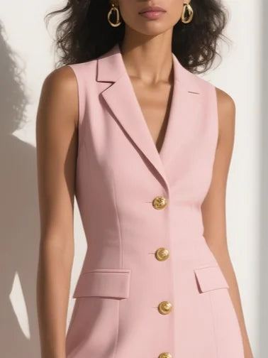 Simple beautiful generous and full of charm Pink Shawl Collar Sleeveless A-Line Midi Blazer Dress