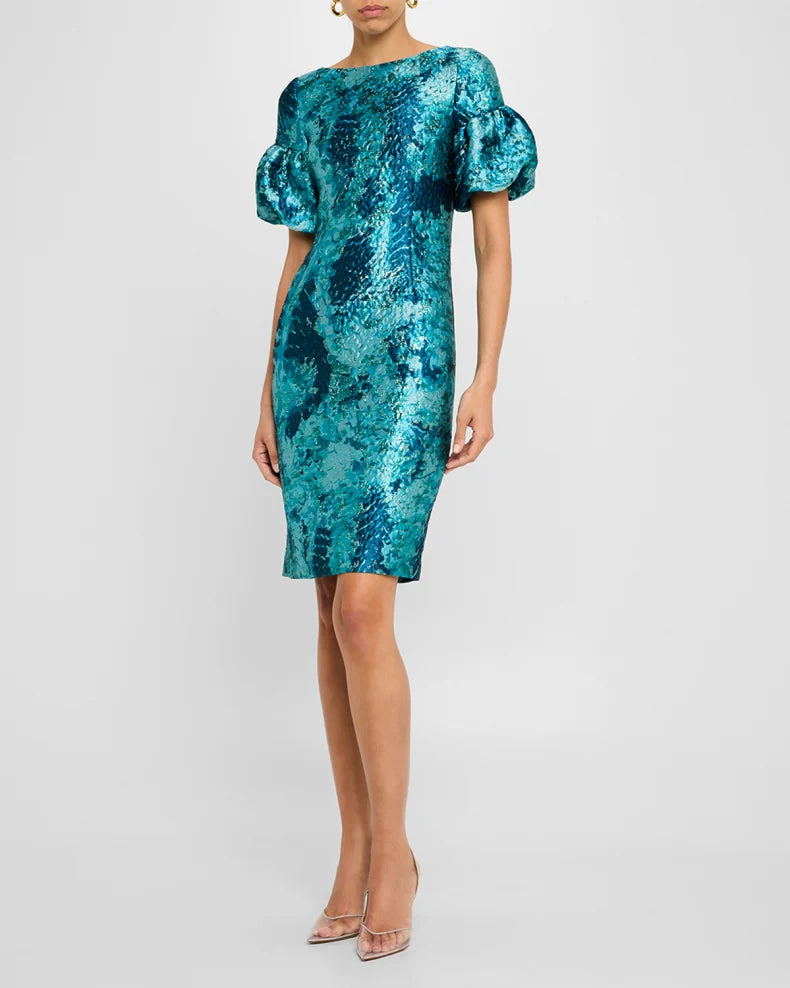 Puff-Sleeve Metallic Jacquard Dress Beautiful and charming simple and unique design