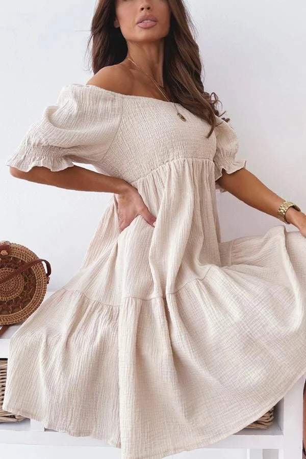 Enchanted Off The Shoulder Smocked Loose Dress Simple atmospheric beautiful and unique desi
