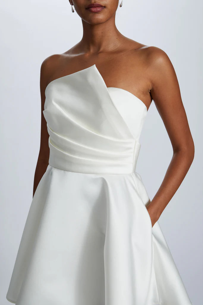 Duchess satin asymmetrical draped bodice mini dress spheric beautiful and unique desig