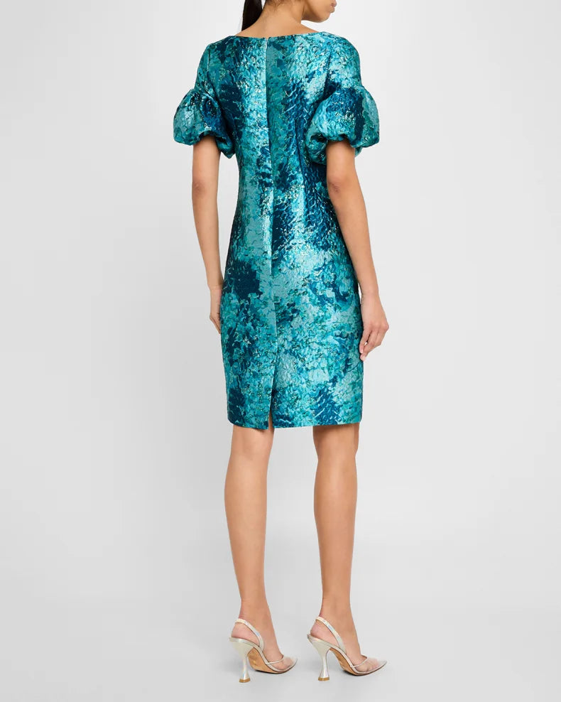 Puff-Sleeve Metallic Jacquard Dress Beautiful and charming simple and unique design