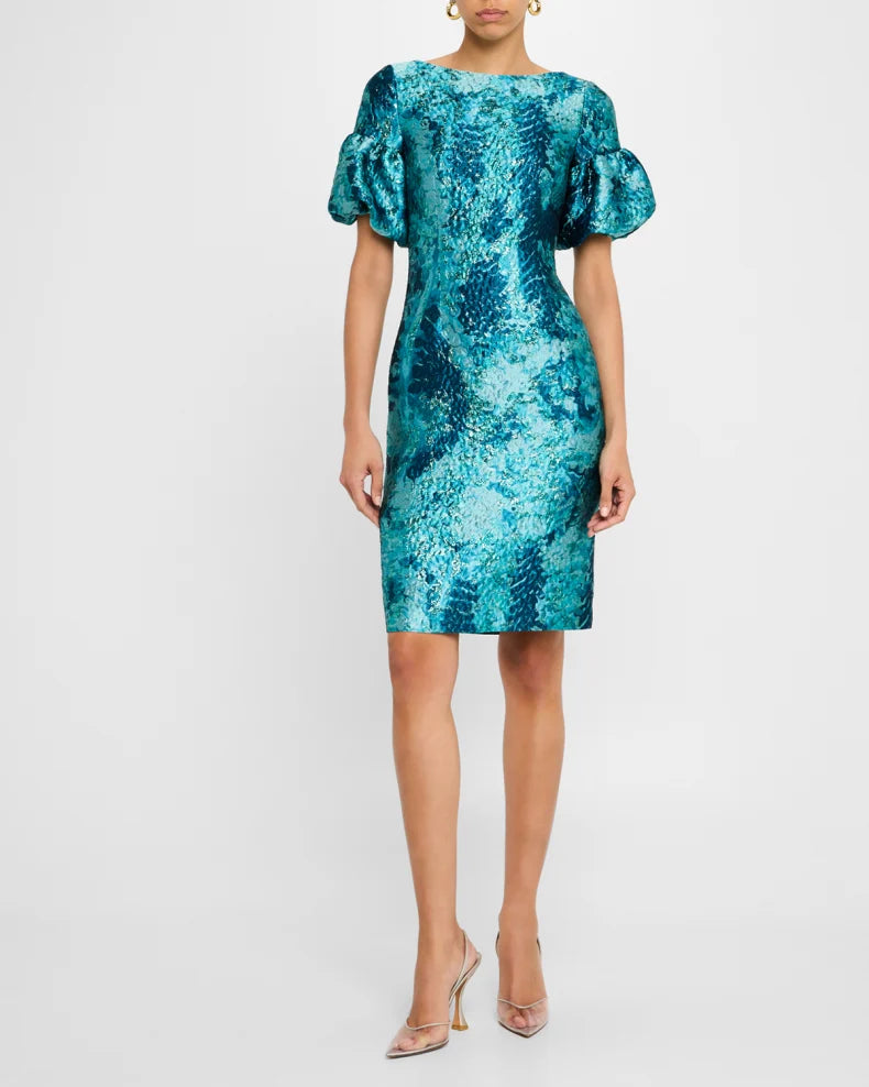 Puff-Sleeve Metallic Jacquard Dress Beautiful and charming simple and unique design