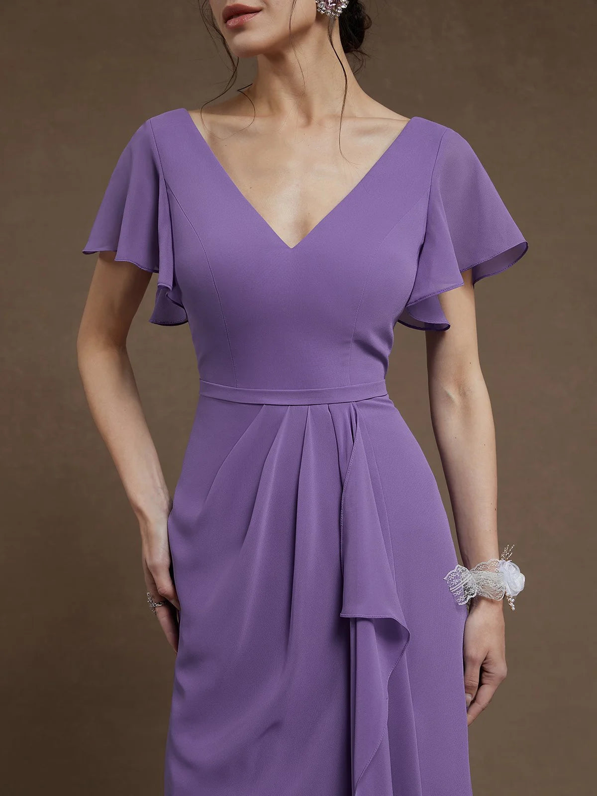 Simple beautiful generous and full of charm Purple Ruched V Neck Ruffle Sleeve A-Line Maxi Chiffon Dress