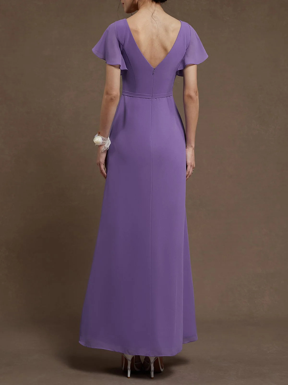 Simple beautiful generous and full of charm Purple Ruched V Neck Ruffle Sleeve A-Line Maxi Chiffon Dress