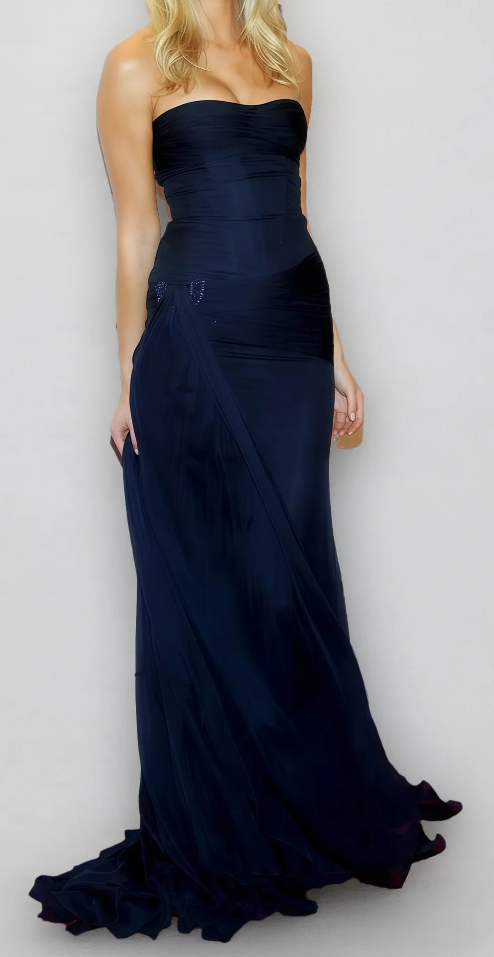 Navy Blue Strapless Long Prom Dress, Sleeveless Bodycon Evening Party Dress