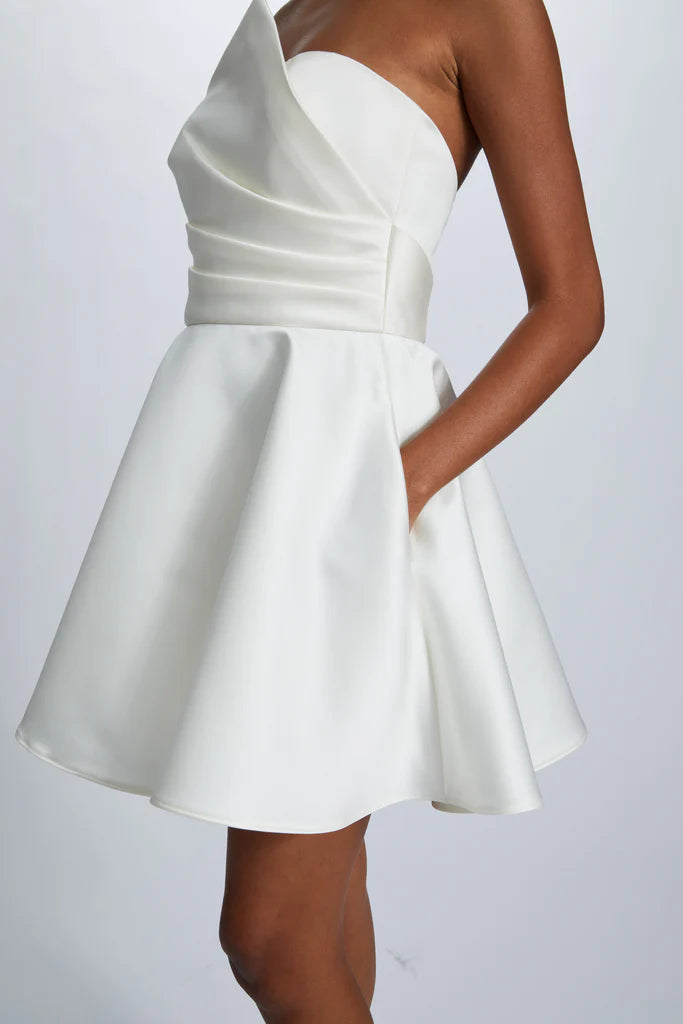 Duchess satin asymmetrical draped bodice mini dress spheric beautiful and unique desig
