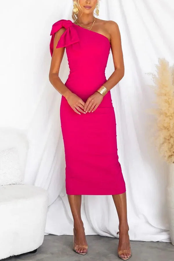 Barbie Day Bow Detail One Shoulder Stretch Midi DressSimple atmospheric beautiful and unique desi