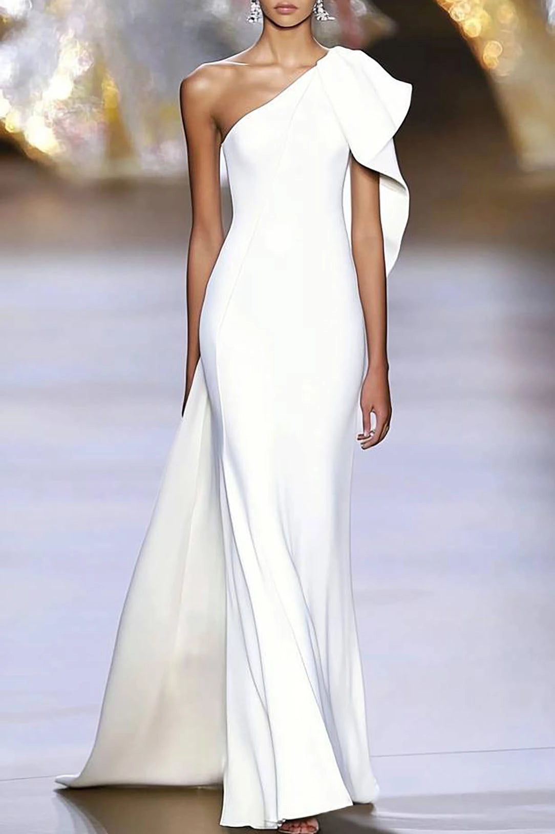 Formal Evening White Dress One-shoulder Cape Maxi Dress Simple beautiful generous and full of charm