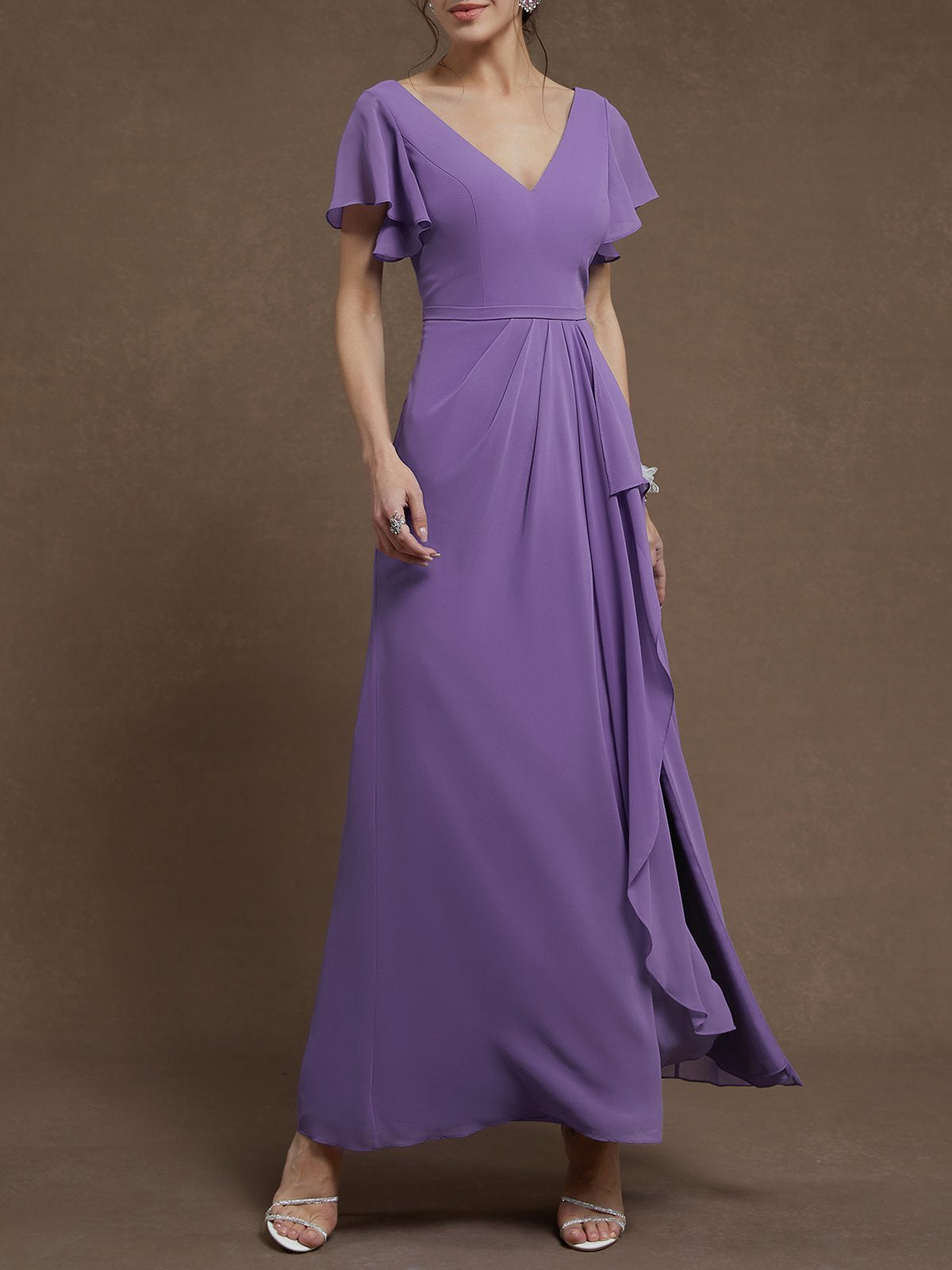 Simple beautiful generous and full of charm Purple Ruched V Neck Ruffle Sleeve A-Line Maxi Chiffon Dress