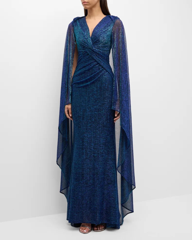 Matrix Metallic Cape Twisted Trumpet Gown Beautiful and charming simple and unique design