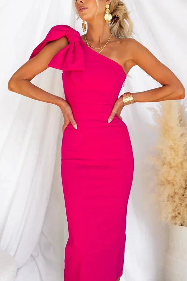 Barbie Day Bow Detail One Shoulder Stretch Midi DressSimple atmospheric beautiful and unique desi