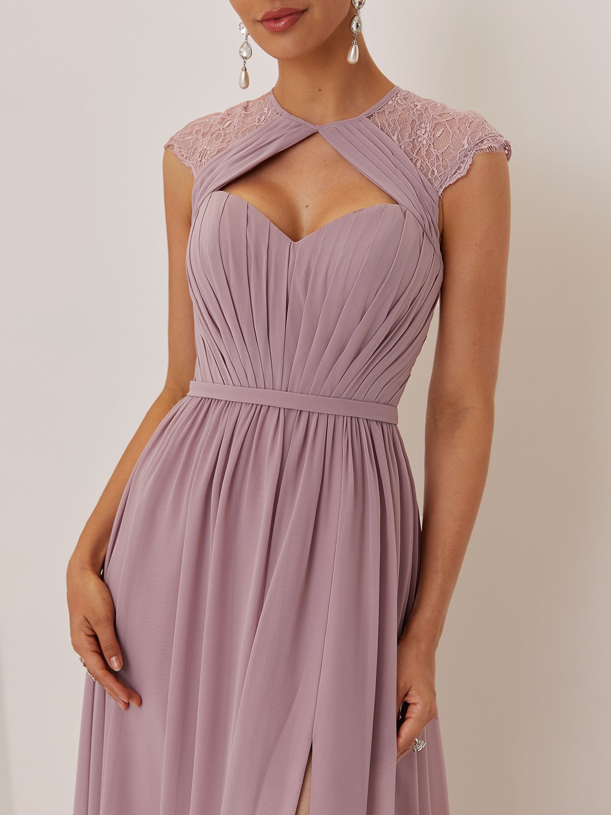 Simple beautiful generous and full of charm Pink Ruched Lace Chiffon Crew Neck Cap Sleeve A-Line Maxi Dress