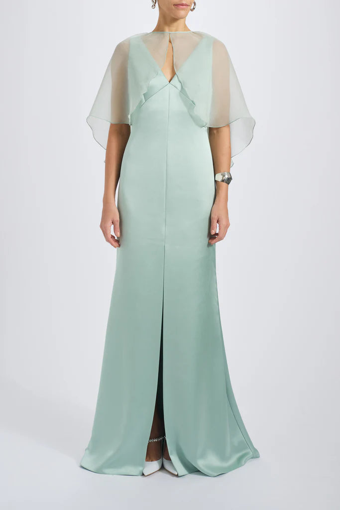 Fluid satin V-neck gown with silk chiffon cocoon detail spheric beautiful and unique desig