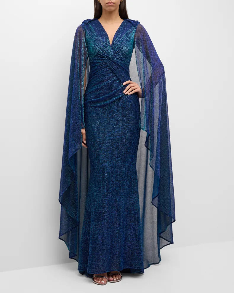 Matrix Metallic Cape Twisted Trumpet Gown Beautiful and charming simple and unique design