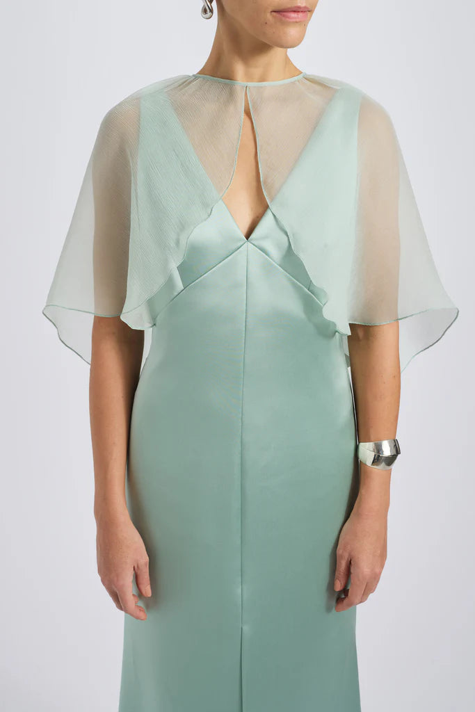 Fluid satin V-neck gown with silk chiffon cocoon detail spheric beautiful and unique desig