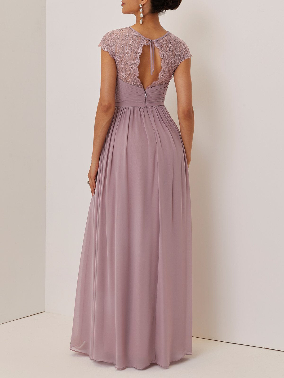 Simple beautiful generous and full of charm Pink Ruched Lace Chiffon Crew Neck Cap Sleeve A-Line Maxi Dress