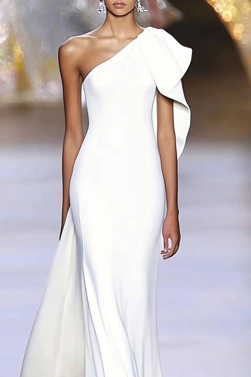 Formal Evening White Dress One-shoulder Cape Maxi Dress Simple beautiful generous and full of charm