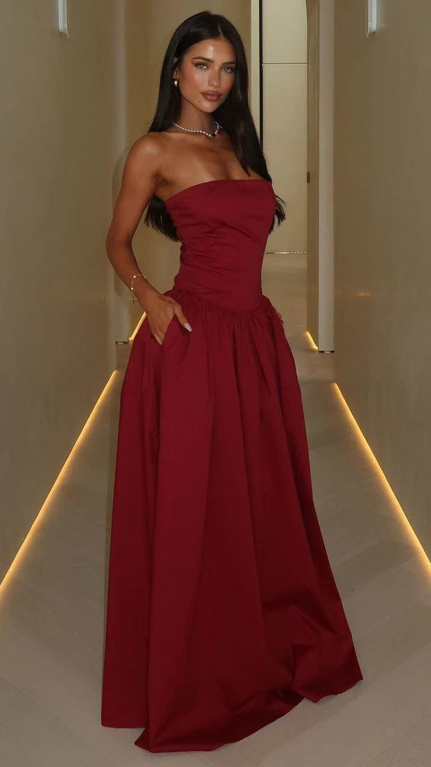 Sexy Mermaid Long Prom Dress Burgundy Prom Dress Strapless Evening Dress A-Line Party Ball Gown