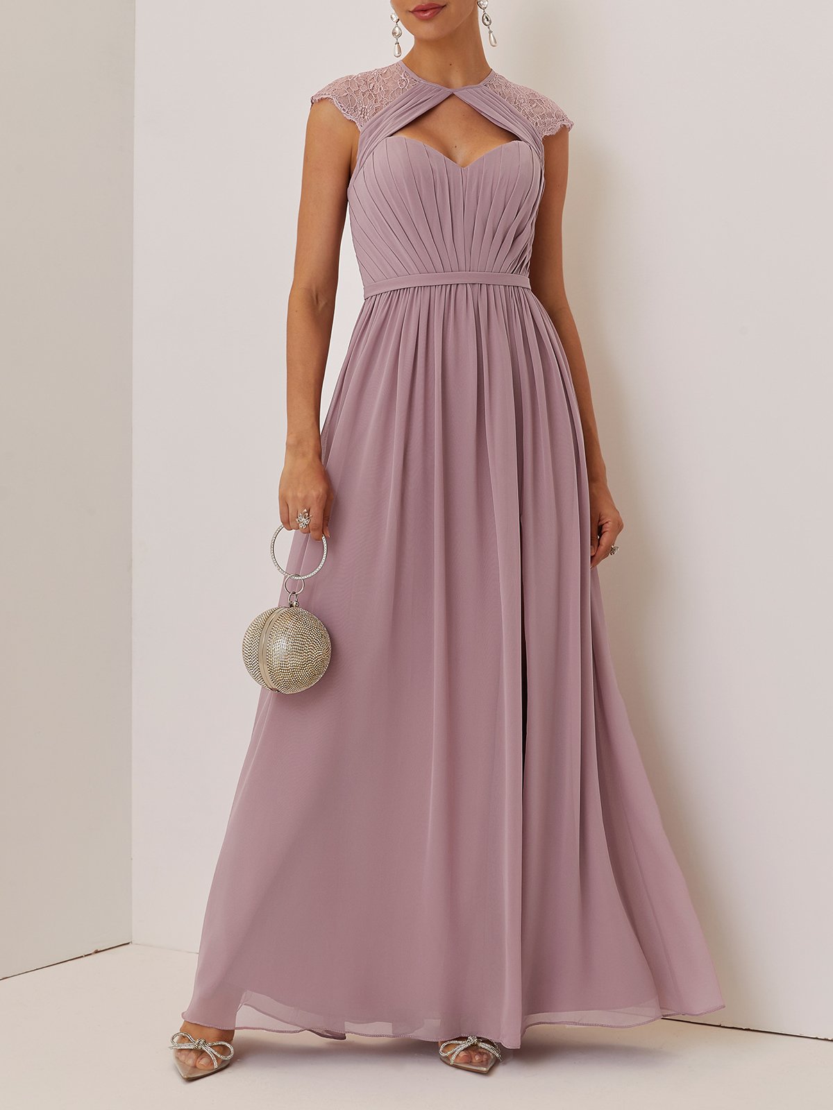 Simple beautiful generous and full of charm Pink Ruched Lace Chiffon Crew Neck Cap Sleeve A-Line Maxi Dress