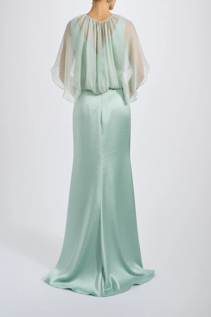 Fluid satin V-neck gown with silk chiffon cocoon detail spheric beautiful and unique desig