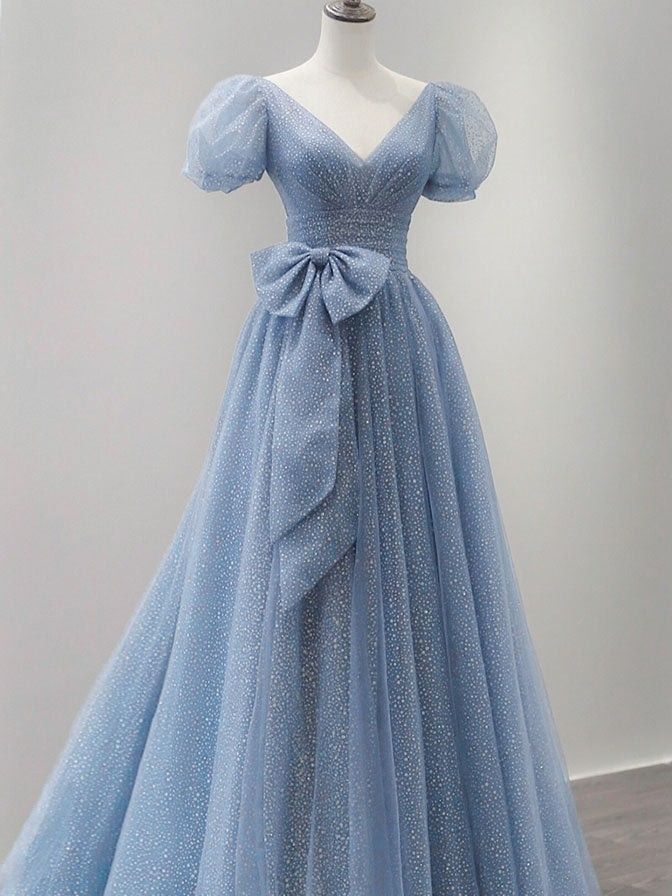 Blue Tulle V Neck Tulle Long Prom Dress Blue Sweet 16 Dress