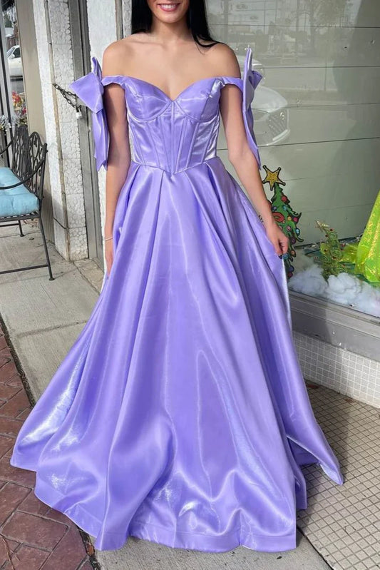 Cute A Line Off the Shoulder Hot Pink Satin Prom Dress with Bow