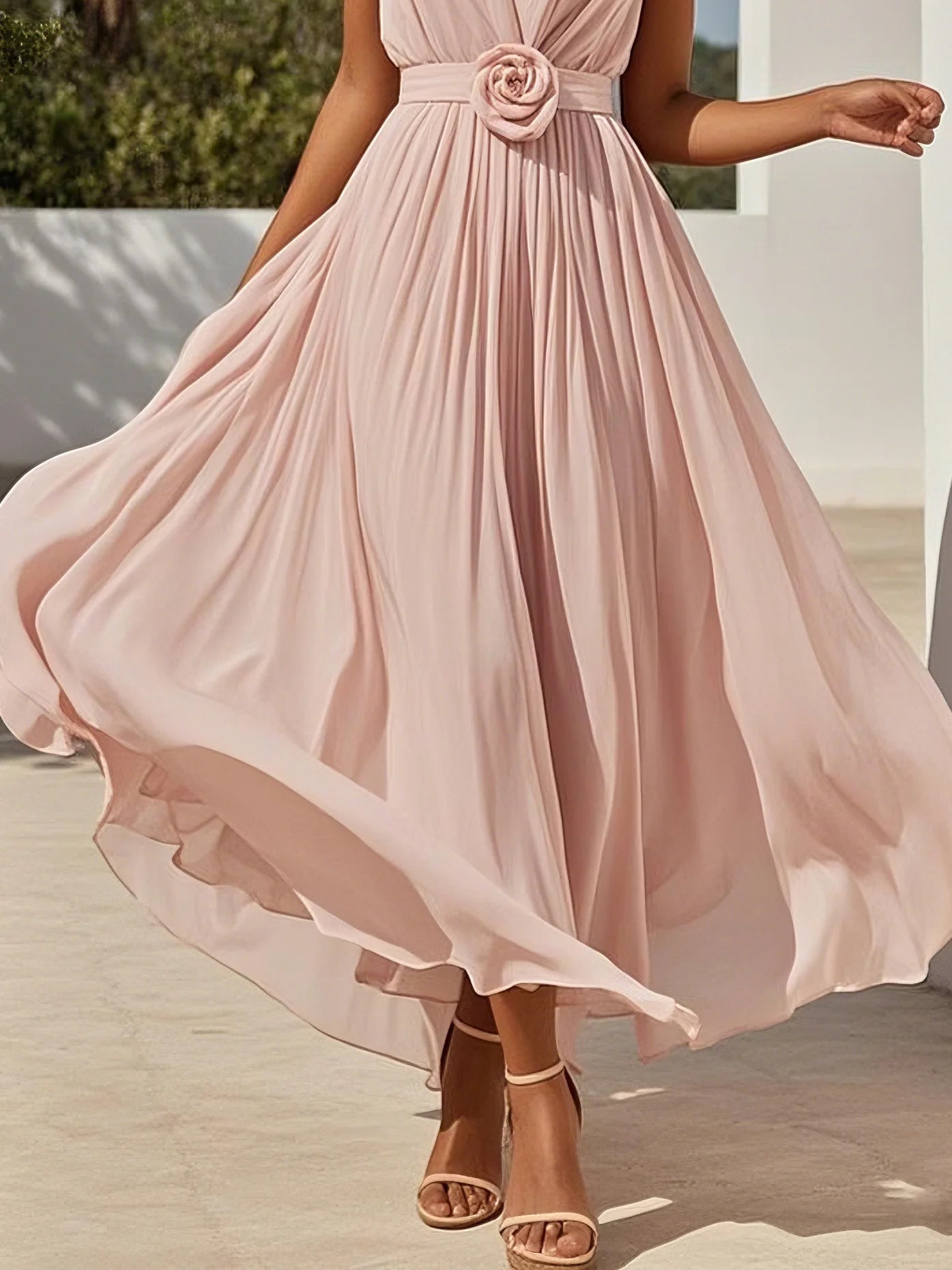 Pink 3D Floral Ruched V Neck A-Line Maxi Chiffon Dress