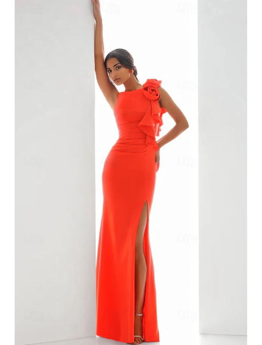 Sheath Column Evening Gown Elegant Dress Formal Wedding Guest Floor Length Sleeveless Crew Neck Stretch Crepe with Ruffles Slit Shouder Flower