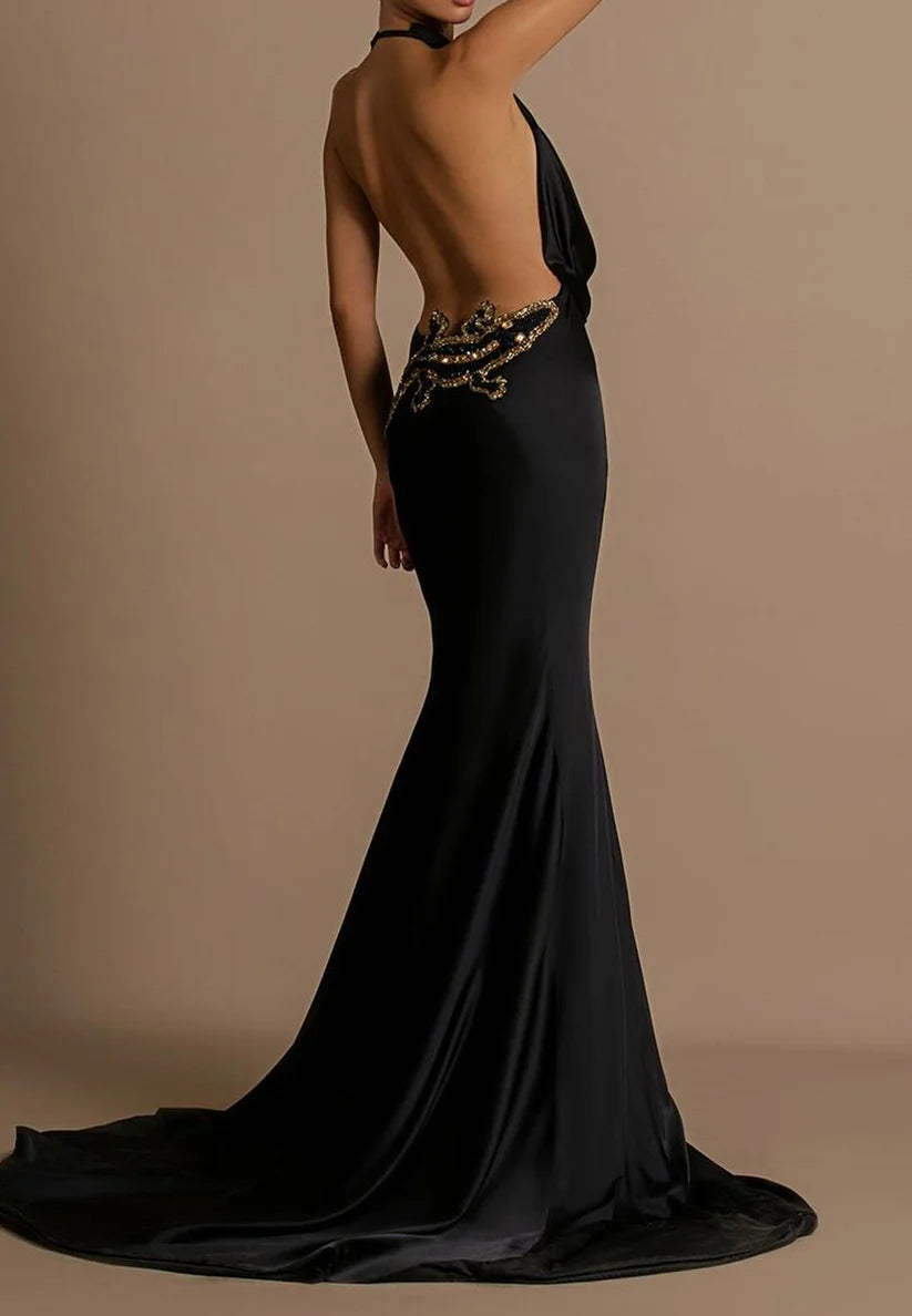 Low V-Neck Sleeveless Beaded Backless Mermaid Formal Dress Simple gentle beautiful and unique design