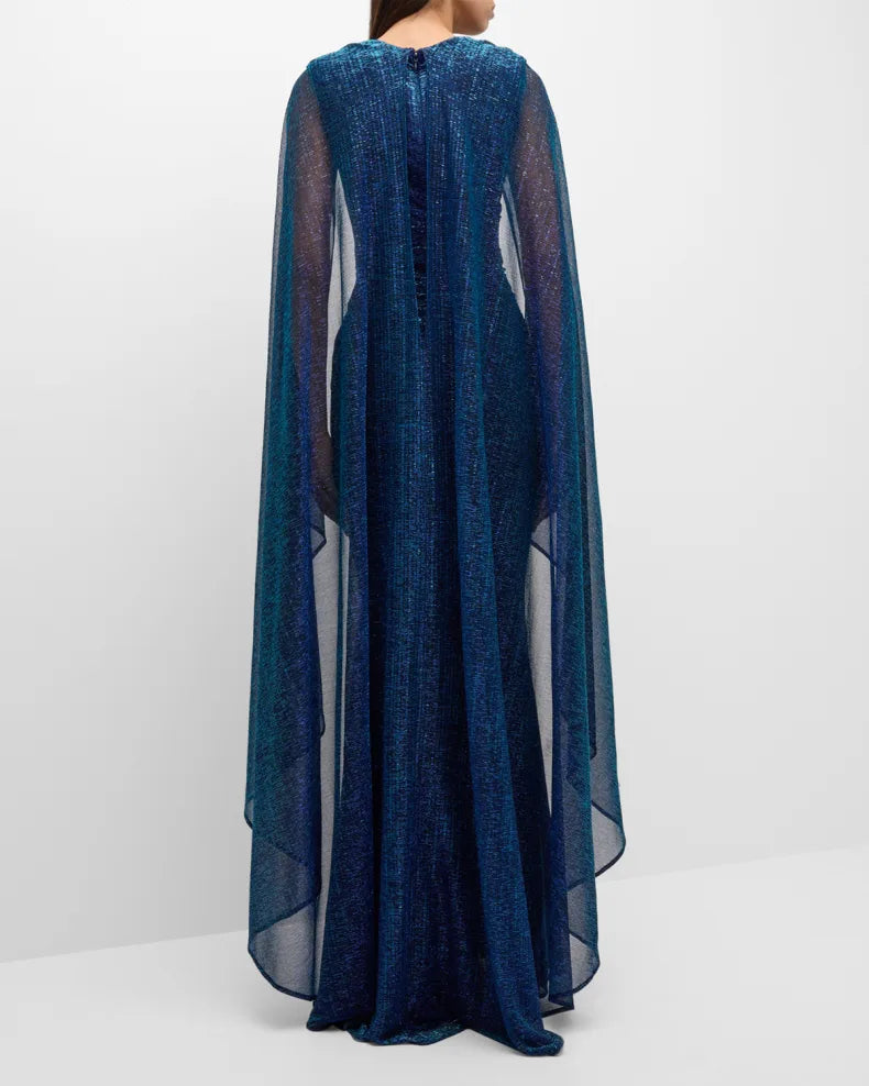 Matrix Metallic Cape Twisted Trumpet Gown Beautiful and charming simple and unique design