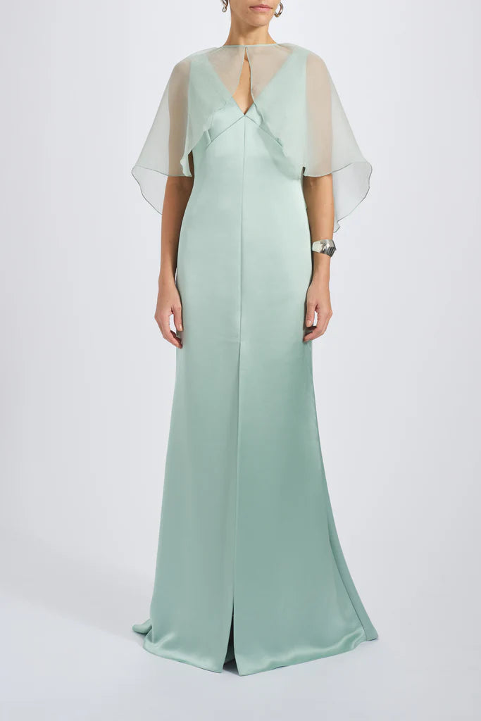 Fluid satin V-neck gown with silk chiffon cocoon detail spheric beautiful and unique desig