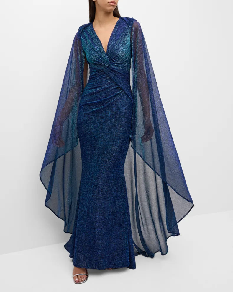 Matrix Metallic Cape Twisted Trumpet Gown Beautiful and charming simple and unique design