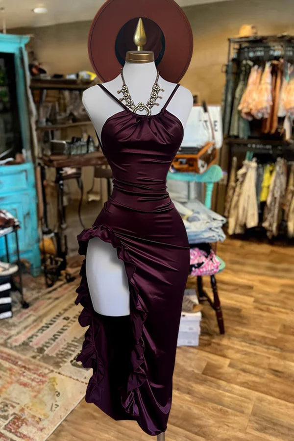 Pretty Ruffled Slit Satin Dress Simple atmospheric beautiful and unique desi