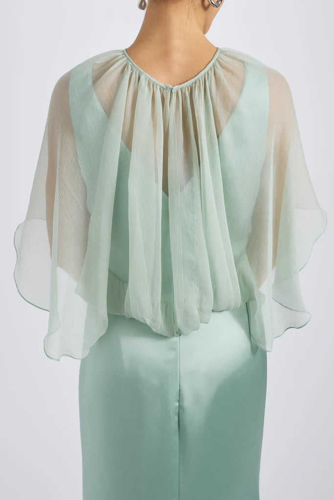 Fluid satin V-neck gown with silk chiffon cocoon detail spheric beautiful and unique desig