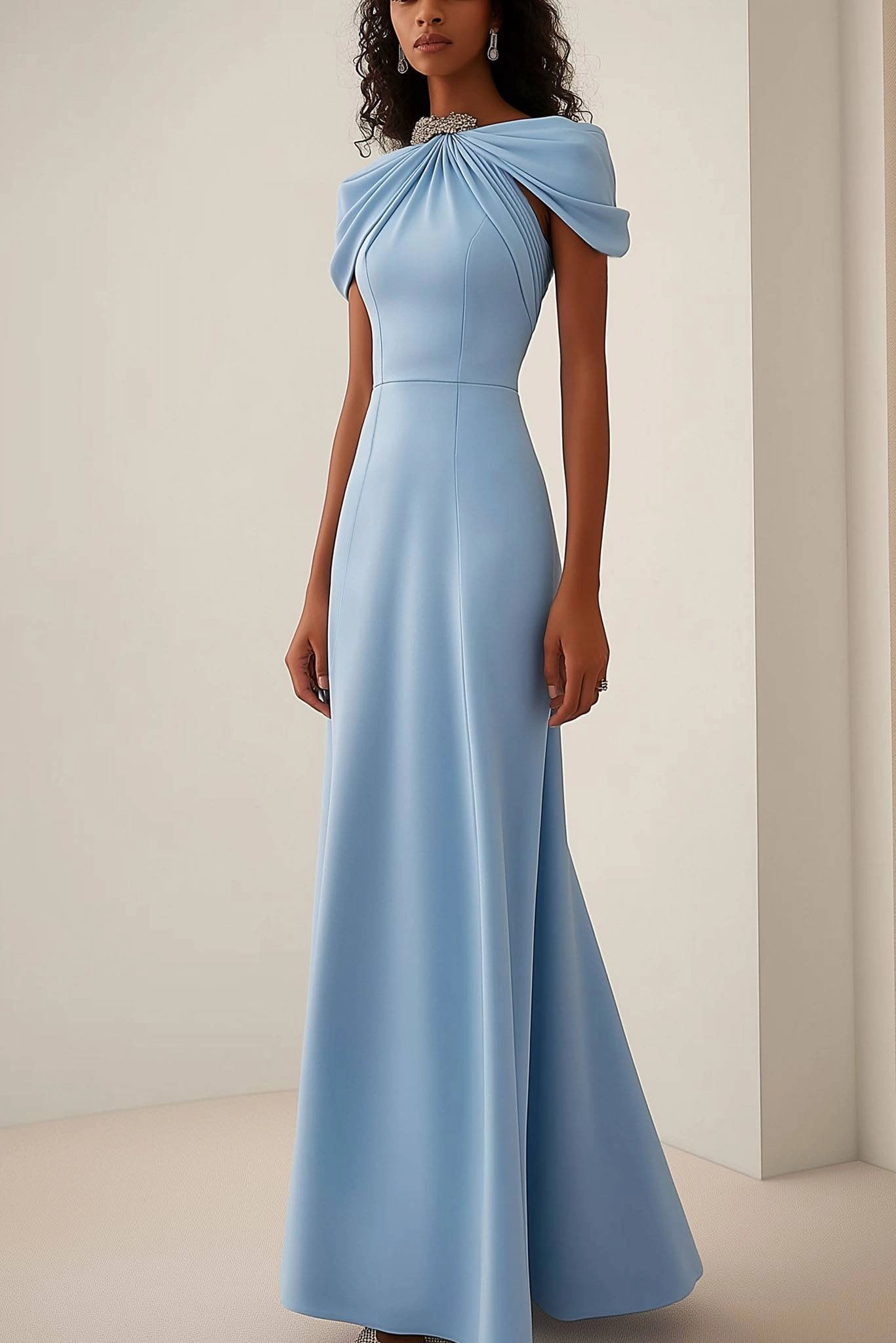 Wedding Guest Formal Dress Light Blue Crystal Embellished Maxi Dress Simple beautiful generous and full of charm