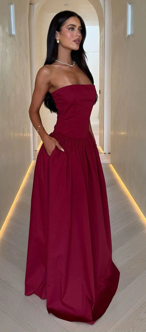 Sexy Mermaid Long Prom Dress Burgundy Prom Dress Strapless Evening Dress A-Line Party Ball Gown