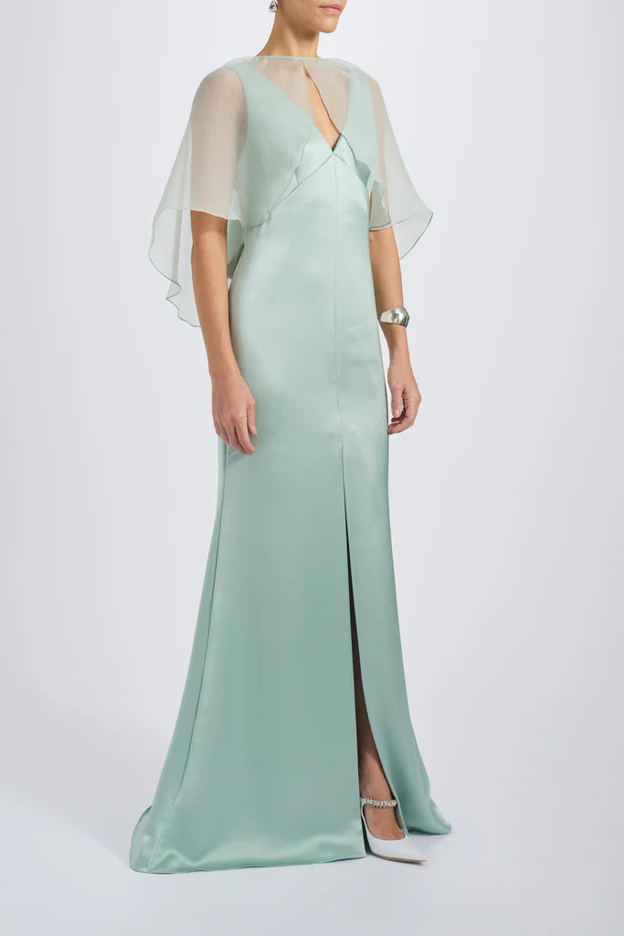 Fluid satin V-neck gown with silk chiffon cocoon detail spheric beautiful and unique desig