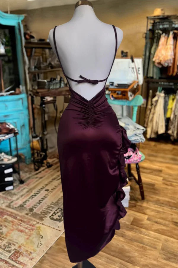 Pretty Ruffled Slit Satin Dress Simple atmospheric beautiful and unique desi