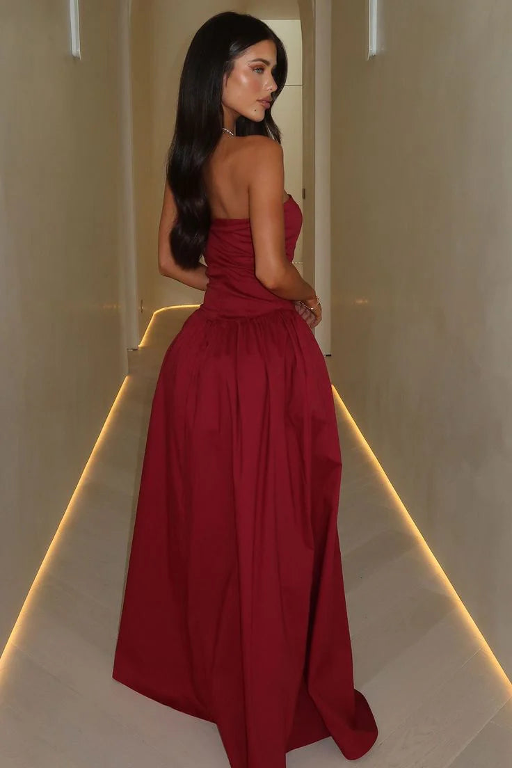Sexy Mermaid Long Prom Dress Burgundy Prom Dress Strapless Evening Dress A-Line Party Ball Gown
