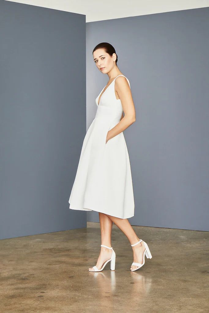 Fluid satin V-neck gown with silk chiffon cocoon detail spheric beautiful and unique desig