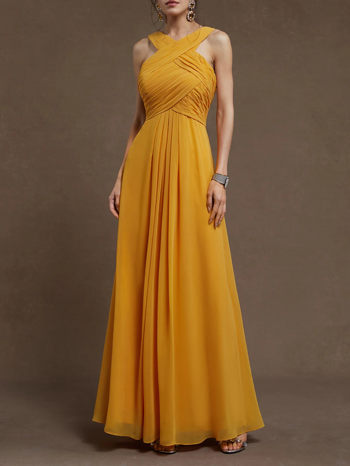 Simple beautiful generous and full of charm Yellow Pleated Cross Neck Sleeveless A-Line Maxi Chiffon Dress