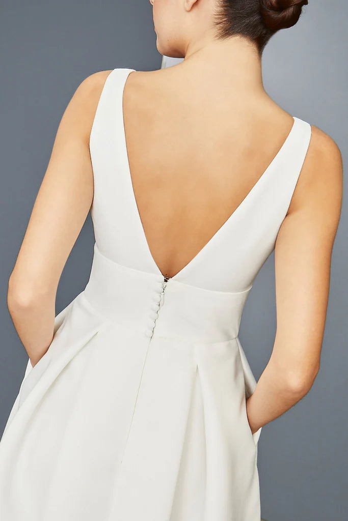Fluid satin V-neck gown with silk chiffon cocoon detail spheric beautiful and unique desig