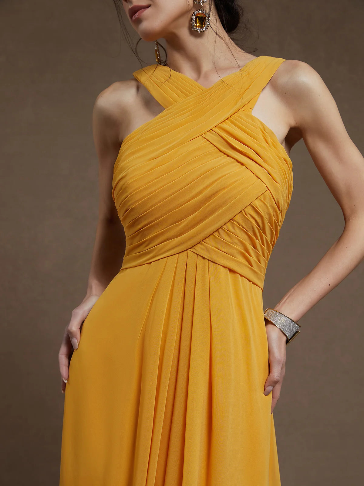 Simple beautiful generous and full of charm Yellow Pleated Cross Neck Sleeveless A-Line Maxi Chiffon Dress