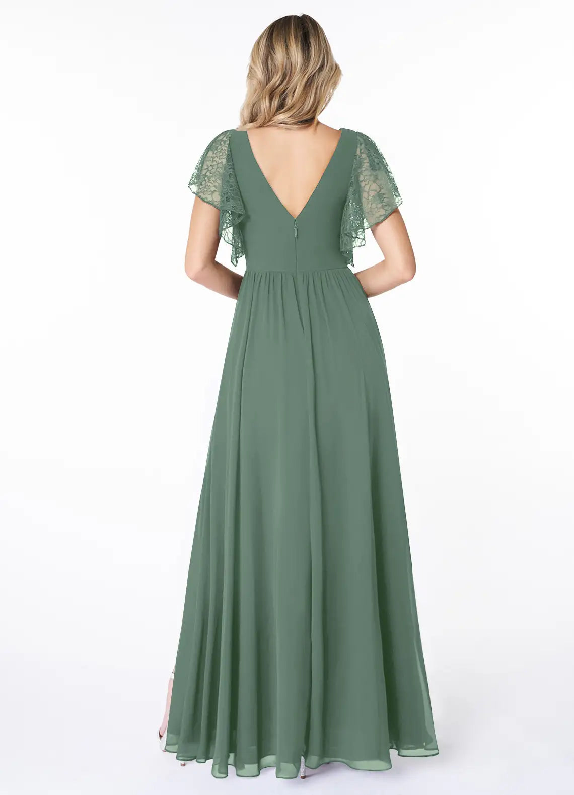 Sage Green Lace Flutter Sleeve Maxi Dress with Side Slit A-Line Lace Chiffon Dress Bridesmaid Dresses