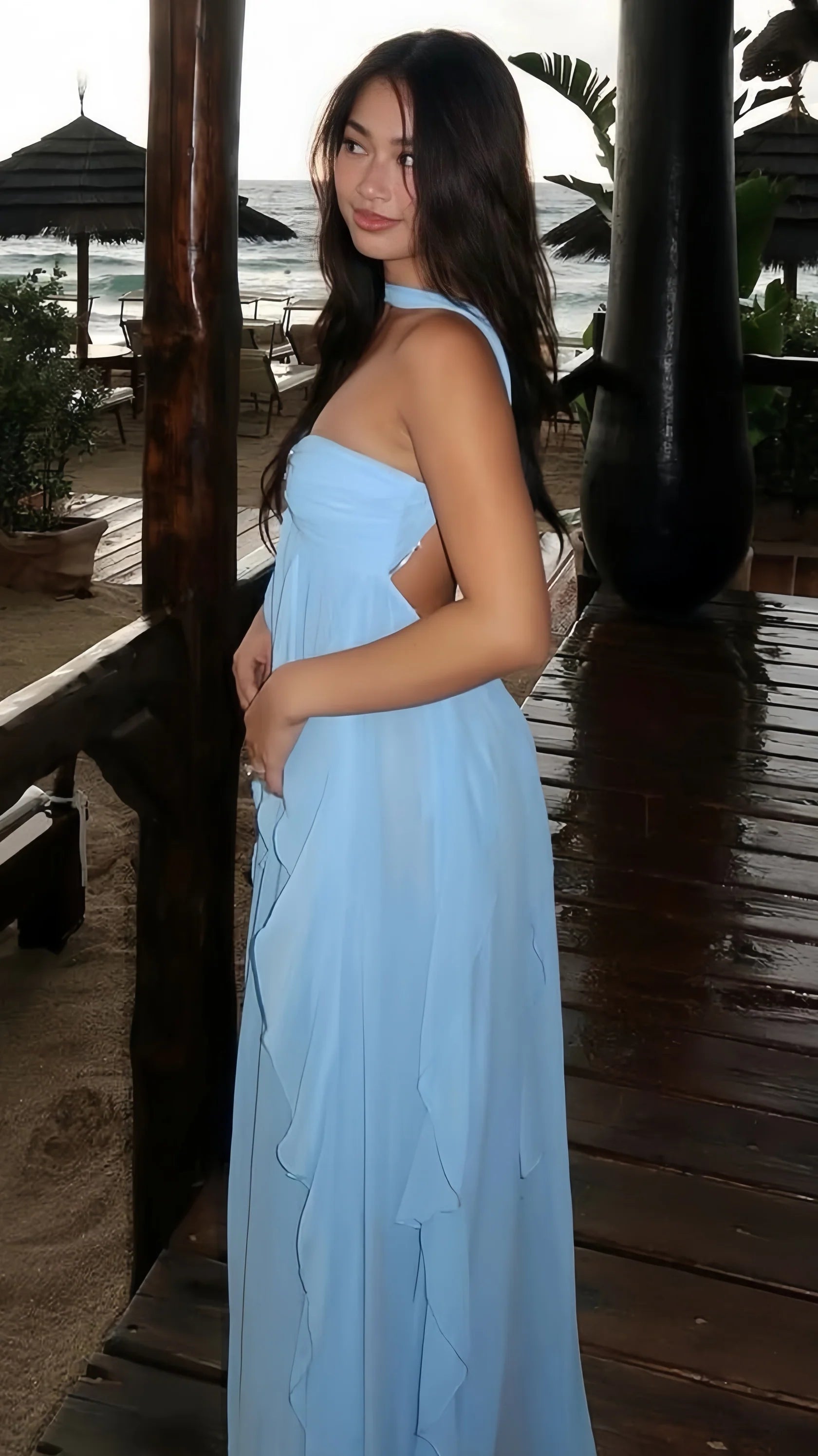 Sexy Mermaid Long Prom Dress Sky Blue Ruffle Chiffon Party Dress
